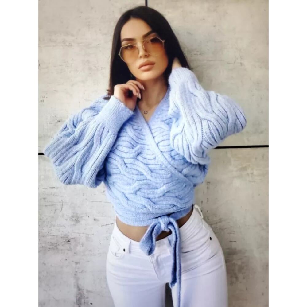 ZARA Wrap Cardigan Chunky Cable Knit Cropped Sweater Periwinkle, Bloggers Fav